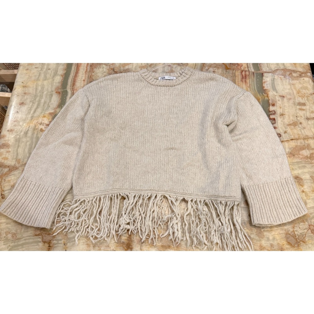 Zara Womens Fringe Detail Pullover Sweater Natural Beige Woollen Crew Neck M